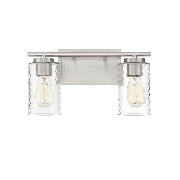 Savoy House 15 in. W x 8.26 in. H 2-Light Brushed Nickel Bathroom Vanity Light with Clear Cylinder Glass Shades
