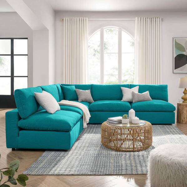 MODWAY Commix 118 in. Square Arm 5-Piece Polyester L-Shaped Sectional Sofa Set in Teal with Polyester Fabric With Linen Texture