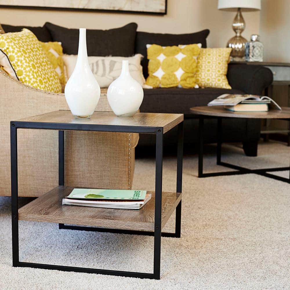 Ashwood and Black Metal Square End Table with Storage Shelf