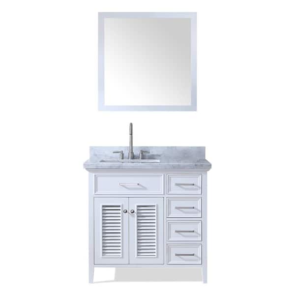 Ariel Kensington 37 in. Bath Vanity in White with Marble Vanity Top in Carrara White with White Basin and Mirror