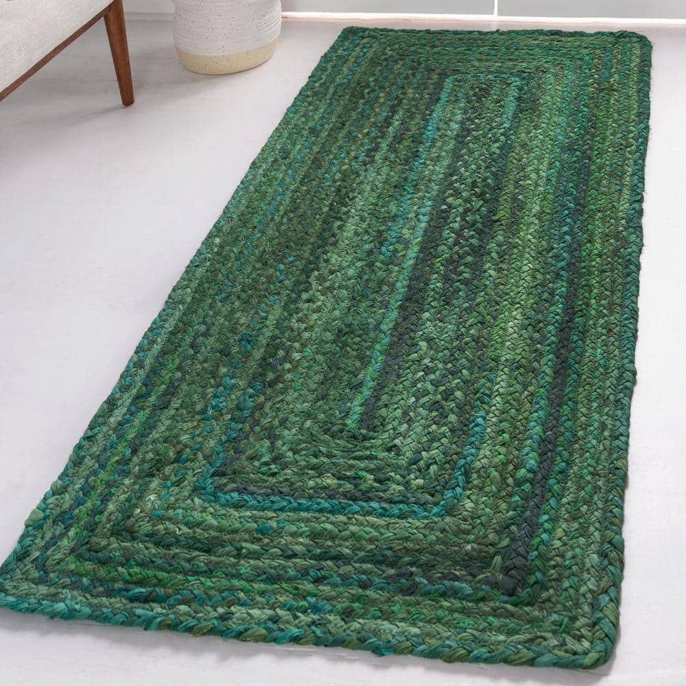 Handmade Eco-Conscious Braided Cotton 3x5 Oval Rug in Green and Turquoise
