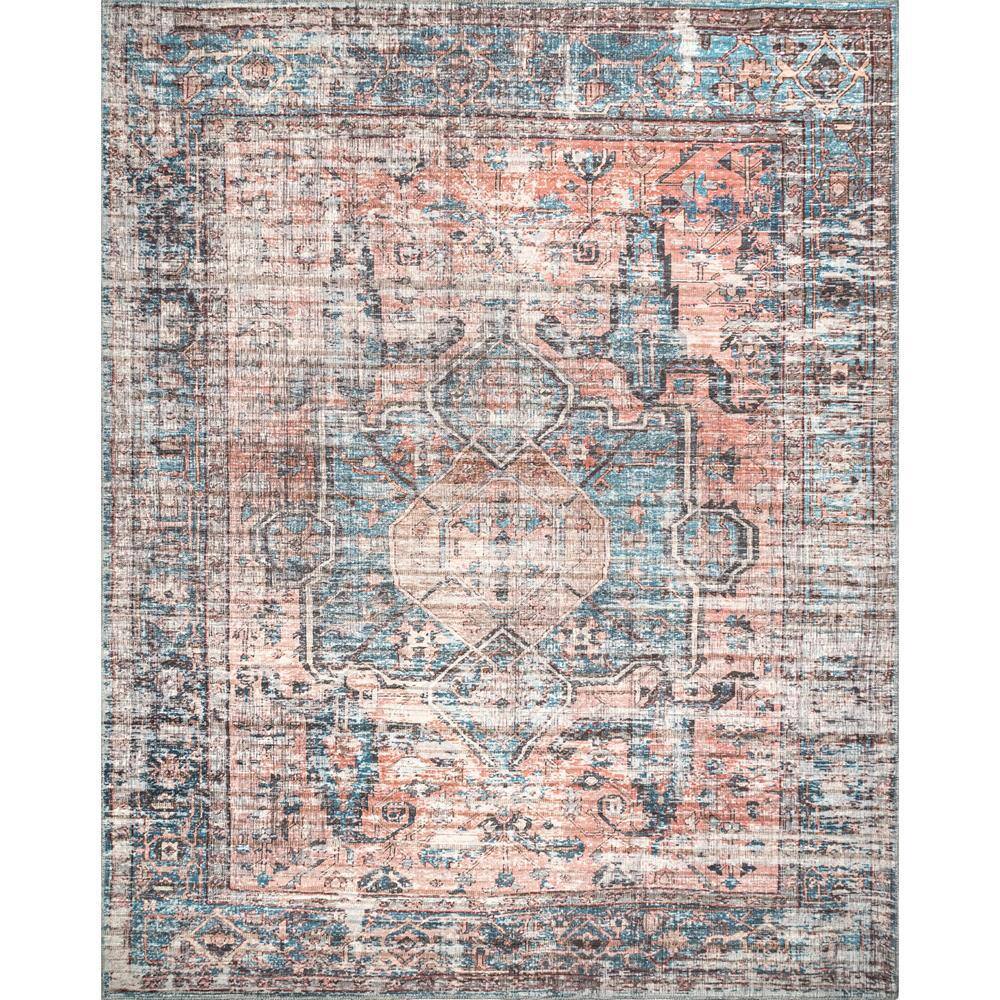 nuLOOM Cammy Blue 7 ft. x 9 ft. Machine Washable Faded Vintage Medallion Indoor Area Rug KFAE05A