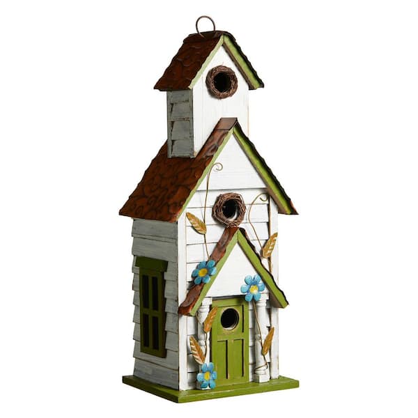 Glitzhome 20 in. H Oversized White and Green Distressed Solid Wood 3-Story Villa Decorative Outdoor Garden Birdhouse