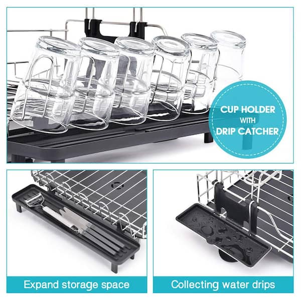 Aoibox 2-Tier Dish Rack Set Anti-rust Dish Drainer Shelf Tableware Holder Cup Holder for Kitchen Counter Storage