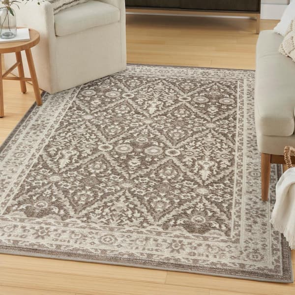 Renewed Ivory Mocha 5 ft. x 7 ft. Distressed Traditional Area Rug