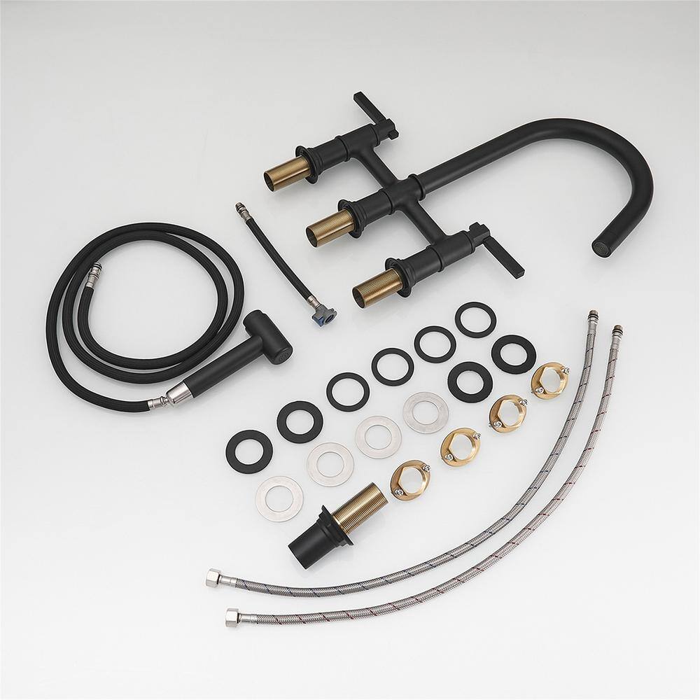 Matte Black Brass Bridge Kitchen Faucet with Side Sprayer