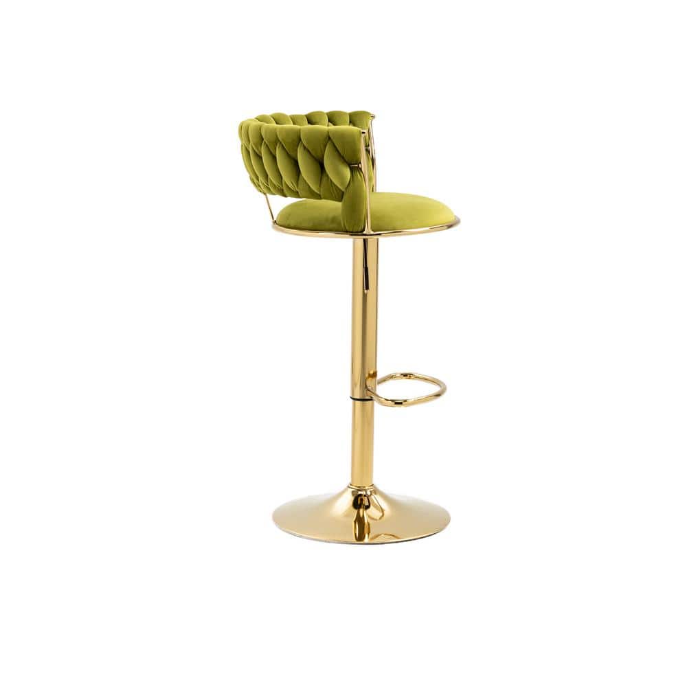 Emerald Green Velvet Adjustable Swivel Bar Stools with Gold Base, Set of 2