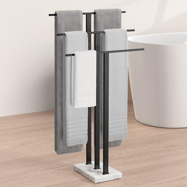 Bathroom Freestanding Towel Rack 3-Tier with Heavy Marble Base in Matte Black