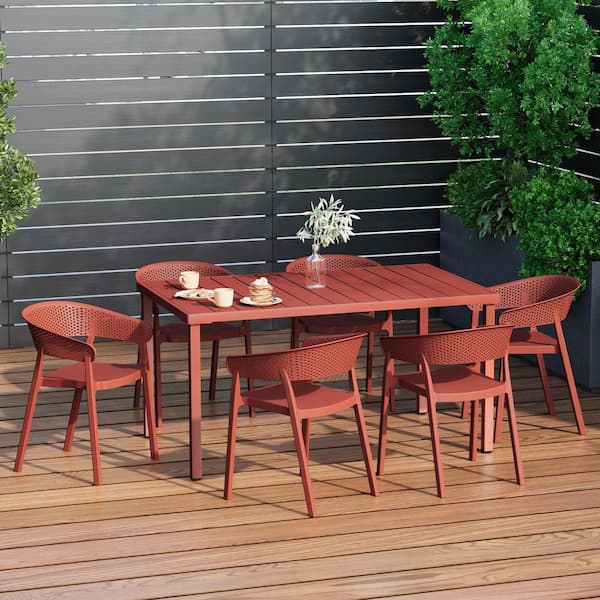Frond and Form Outdoor Patio Modern 7-Piece Rectangular Steel Table, 6 Stackable HDPE Plastic Chairs Dining Set, Red