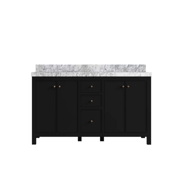 Willow Collections Chicago 60 in. W x 22 in. D x 36 in. H Double Sink Bath Vanity in Black with 2 in. Carrara Marble Top