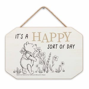 6 in. White Wood Spring, Summer Pooh Happy Day Hanging Wall Decor