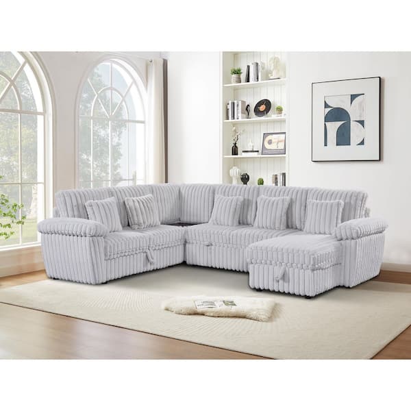 Diana 110.2 in. Corduroy U-Shaped Sectional Sofa in Light Gray with Pull Out Bed, Corner Table, Cup Holder, USB Port
