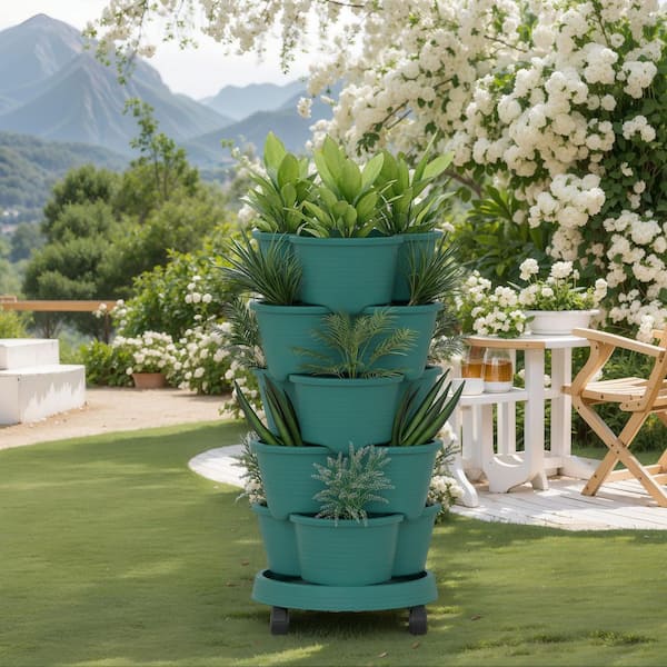 5-Tier Stackable Vertical Garden Planter with Wheels, Self-Watering for Herbs, Strawberries and Vegetables Green Plastic