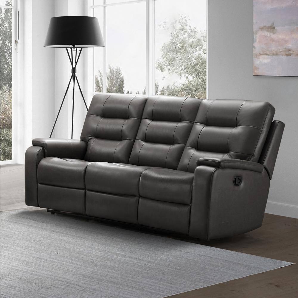 Armen Living Claude Dual Power Headrest and Lumbar Support Reclining Sofa in Light Grey Genuine Leather