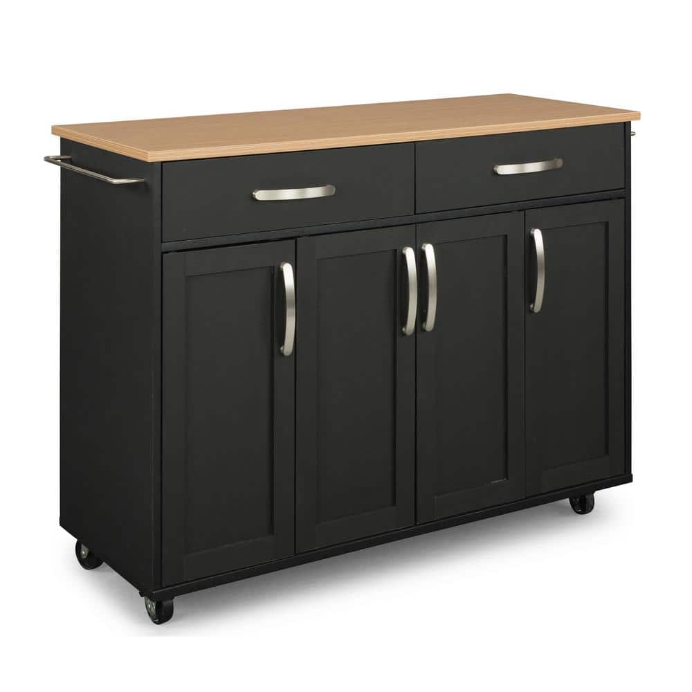 Black Wood Kitchen Cart with Natural Laminate Top and Storage