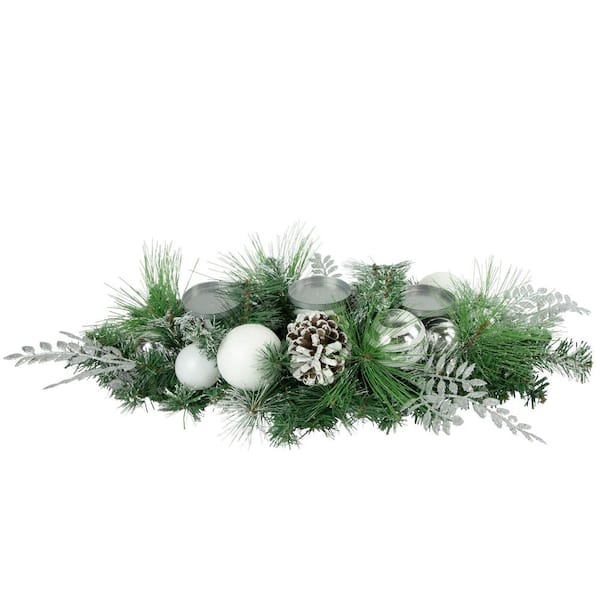 30" Green Pine and Needle Triple Candle Holder with Pinecones and Christmas Ornaments