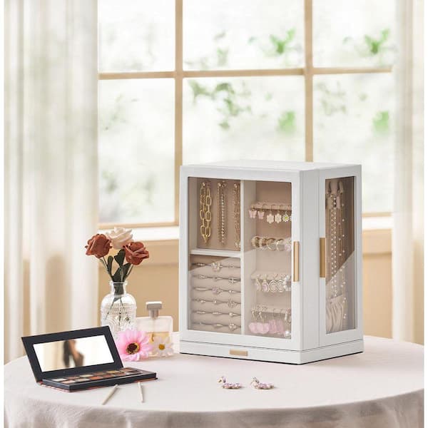 6.2 x 11.4 in. White PU Leather 360° Rotating Jewelry Box with