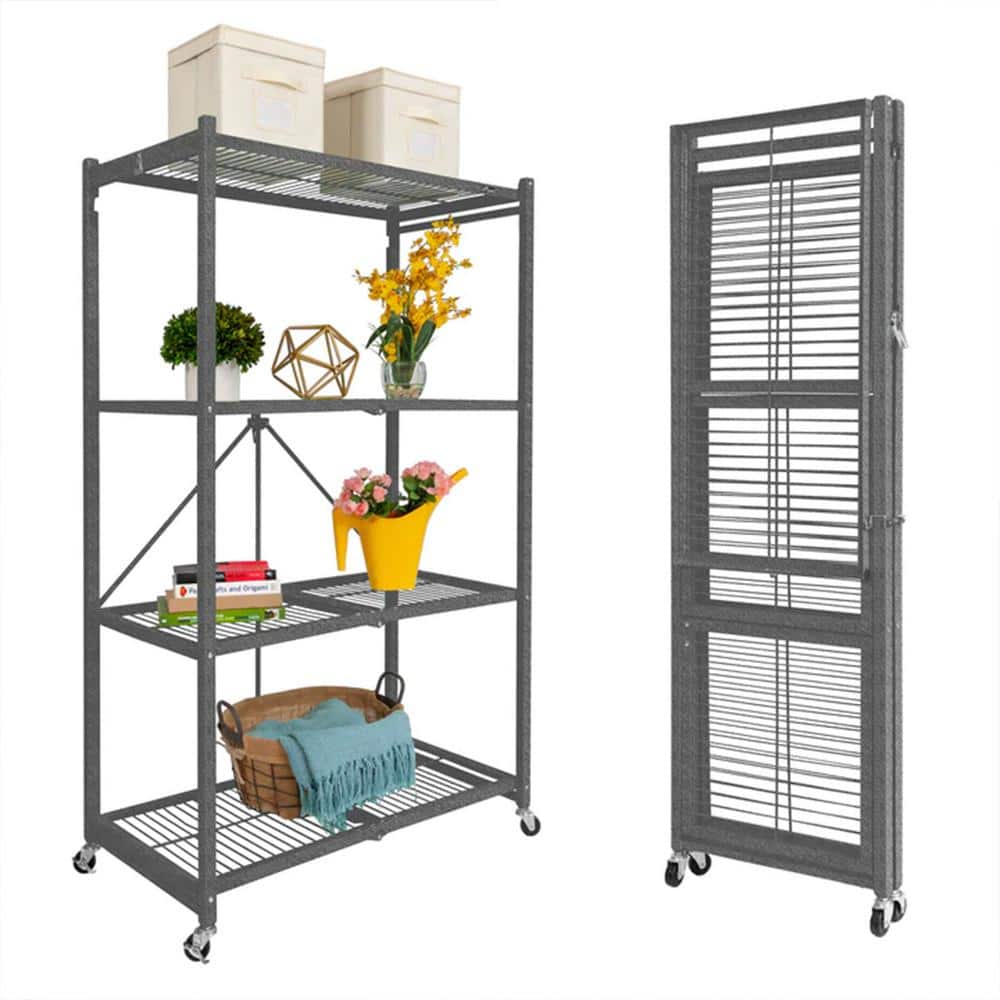 Pewter 4-Tier Foldable Wire Storage Rack with Wheels