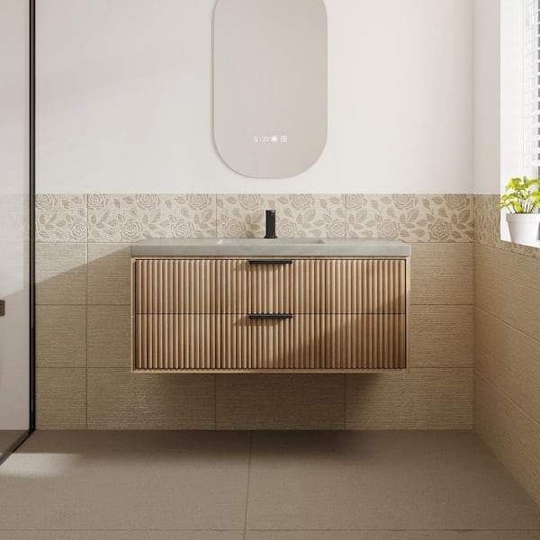 VLeaf 42 in. W x 18.5 in. D x 22 in. H Single Sink Wall Mounted Bath Vanity Cabinet in Weather Fir with Gray Cement Top