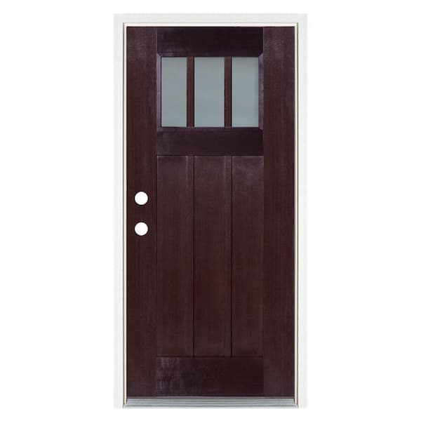 MP Doors 36 in. x 80 in. Dark Walnut Right-Hand Inswing 3 Lite Frosted Craftsman Stained Fiberglass Prehung Front Door