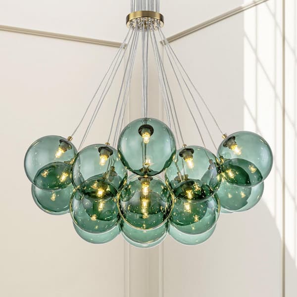 Ashley 19-Light Modern Glam Gold Cluster Chandelier/ Green Glass Globe Bubble Chandelier for Dining Room and Living Room