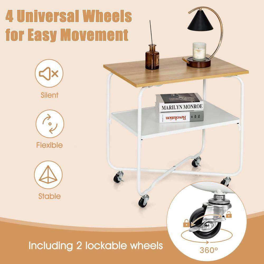 Natural Wood and White Metal 2-Tier Rolling End Table