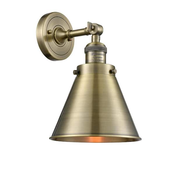 Franklin Restoration Appalachian 8 in. 1-Light Antique Brass Wall Sconce with Antique Brass Metal Shade