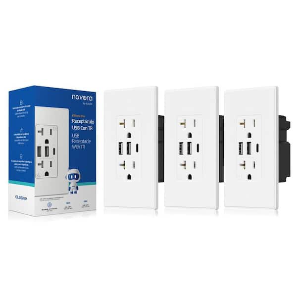 30W 6.0 Amp 3-Port USB Wall Outlet 20A Duplex Receptacle with Dual USB Ports w/ Srewless Wall Plate, Matte White 3-Piece