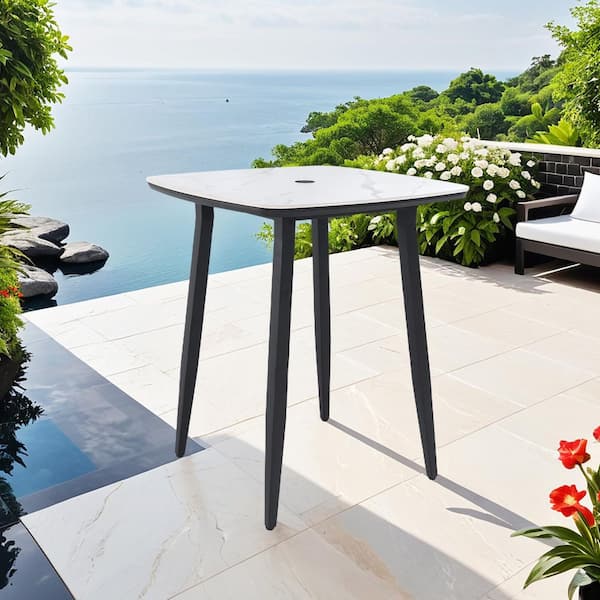 Modern 35.4'' Rounded Square Outdoor Bar Table, Greek White Marble-Inspired Sintered StoneTop, Umbrella Hole, Rust-Free