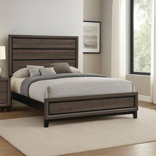 Benjara Gray Wooden Frame Queen Platform Bed with Plank Panel Headboard
