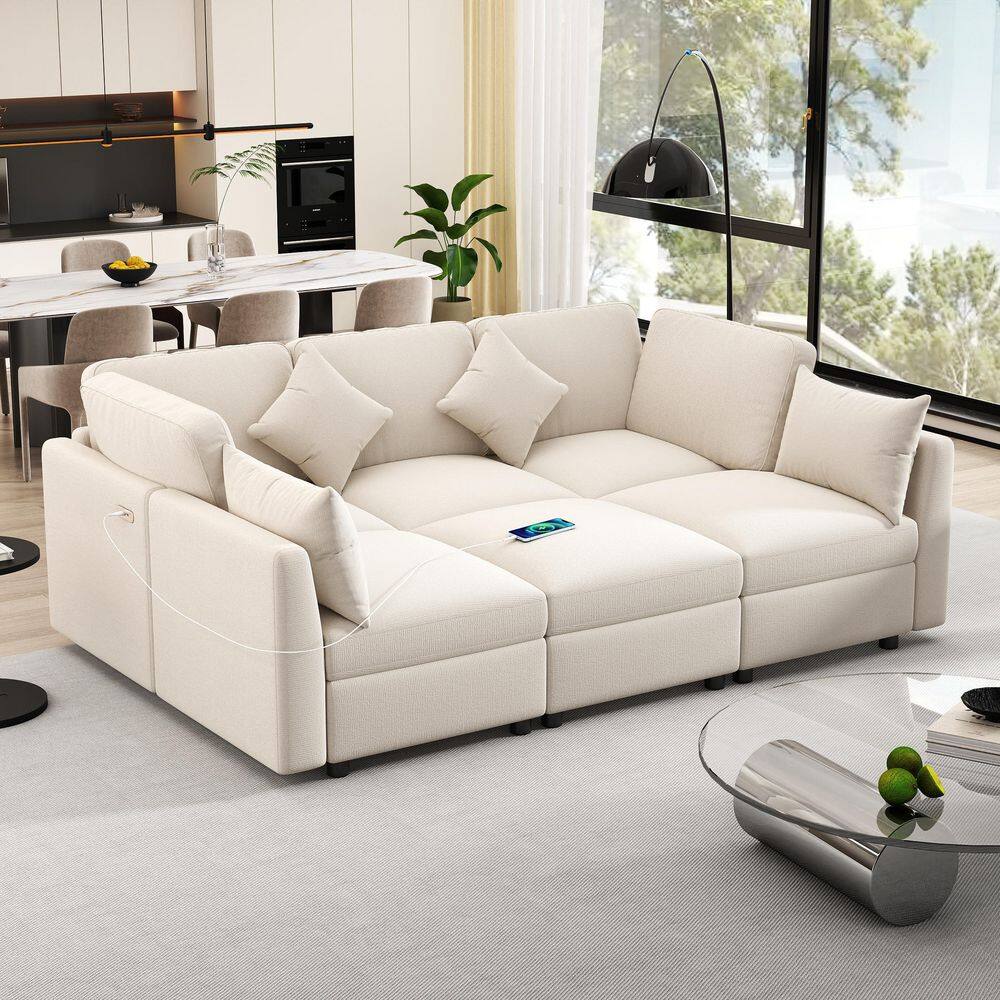Beige 86.6 in. Modular Chenille Sectional Sofa Bed Sofa with a Movable Ottoman and Two USB Port price history on PriceWatchPro