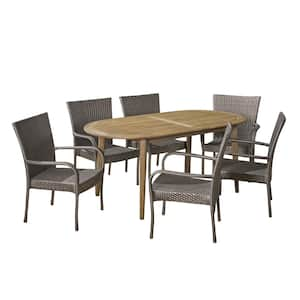 Elderon Grey 7-Piece Wood and Grey Faux Rattan Outdoor Dining Set