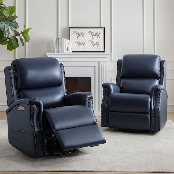JAYDEN CREATION Joachim Navy 34.5 in. Traditional Genuine Leather 3 Position Power Swivel Glider Recliner Set of 2