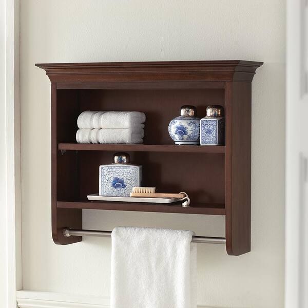 Home Decorators Collection Templin 7 in. L x 21 in. H x 25 in. W Wall-Mount 2-Tier Bathroom Shelf with Towel Bar in Coffee