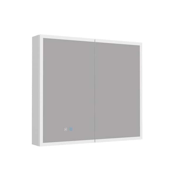 FUFU&GAGA 31.5in. W x 27.6in. H Rectangular Bathroom Medicine Cabinet with Mirror Doors, Wall-Mounted Cabinet with Storage Shelf