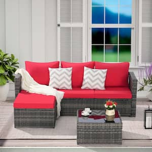 Gray 2-Piece Wicker L- Shaped Patio Conversation Set with Red Cushions, Ottoman and Detachable Table