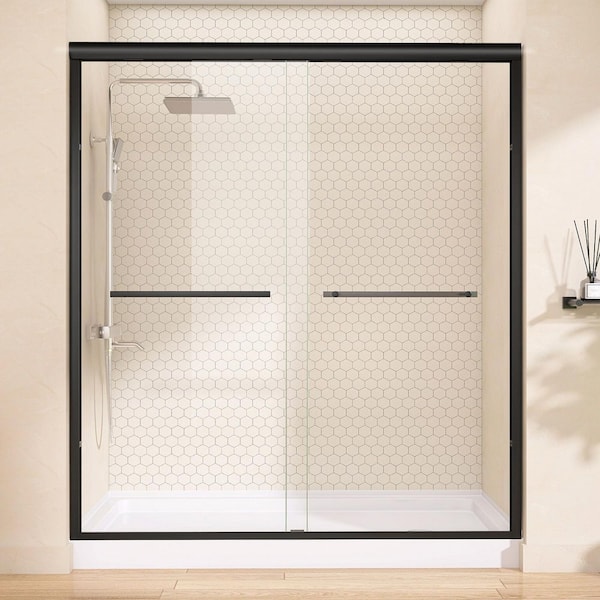 68 in.-72 in. W x 75 in. H Double Sliding Semi-Frameless Shower Door in Matte Black with 1/4 in. Nano-Coated Clear Glass