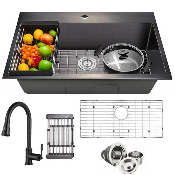 All-in-One Matte Black Finished Stainless Steel 33 in. x 22 in. Drop-In Single Bowl Kitchen Sink with Pull-Down Faucet