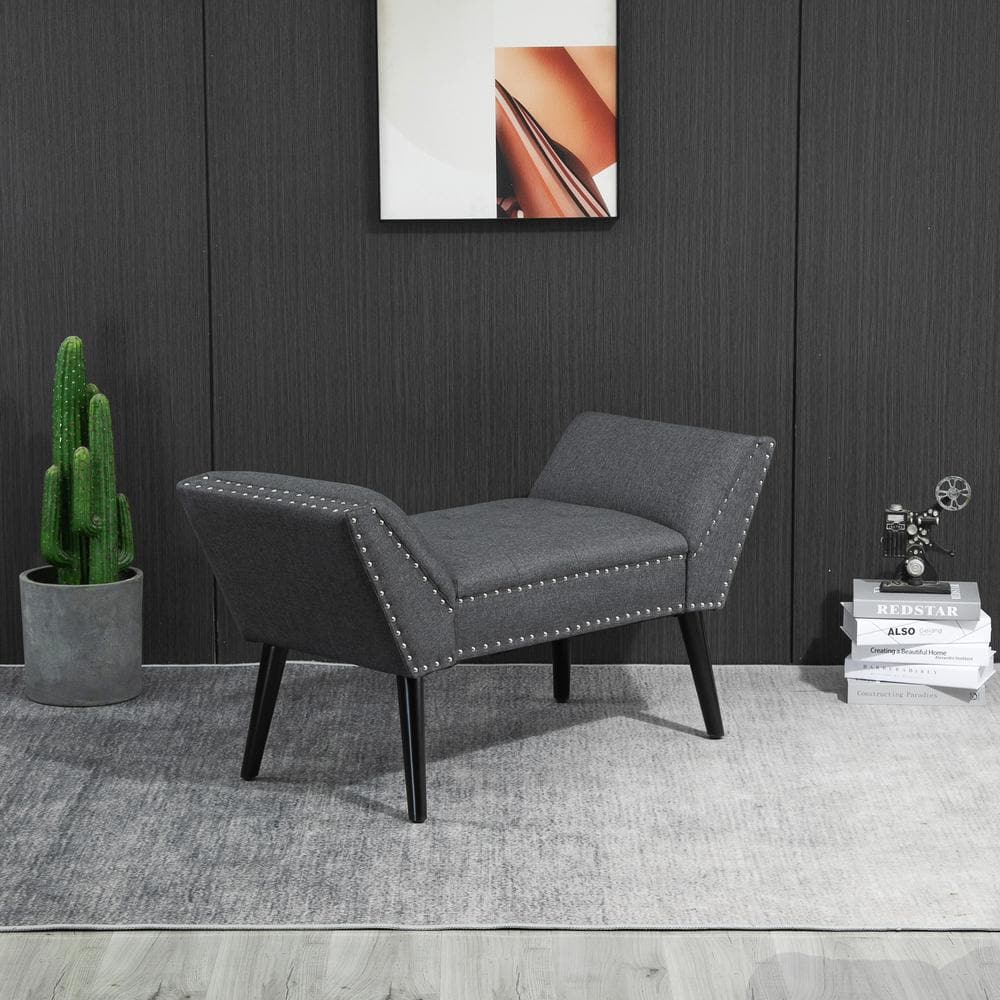 Modern Charcoal Grey Tufted Linen-Like Footstool Bench