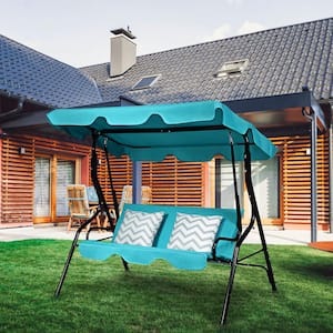 3 Seats Canopy Patio Swing Glider Hammock Cushioned Backyard in Blue