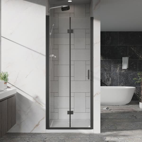 30 in. W x 72 in. H Bifold Frameless Shower Door 1/4 inch Tempered Clear Glass in Black, Reversible Installation
