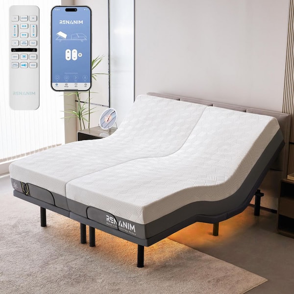 Gray Split-King Adjustable Bed Frame with 12 in.Cooling Gel Memory Mattress, Massage, USB, Under-Bed Light, Remote/App