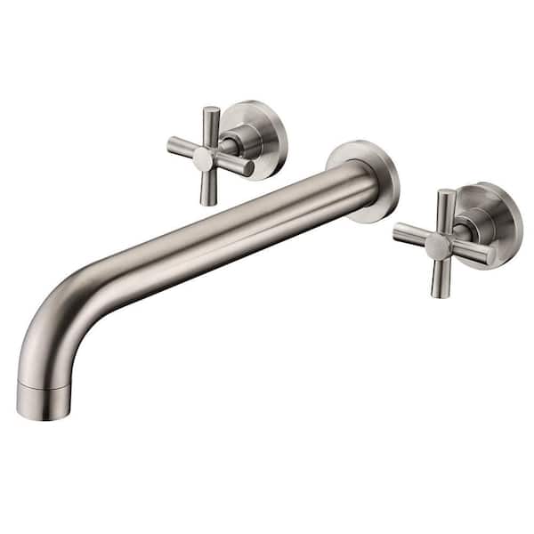 Cross Double Handle Wall Mount Roman Tub Faucet with Valve in Brushed Nickel