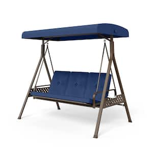 3-Person Metal Reclining Patio Swing with Blue Cushion