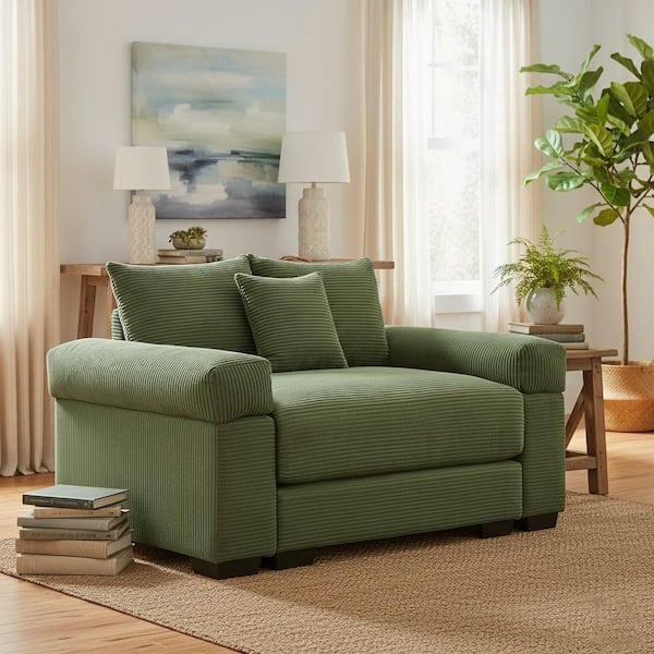 ZCHYJH 54.3 in. Pillow Top Arm Corduroy Curved Minimalist Style Sofa with Cushions in Olive Green and Forest Moss