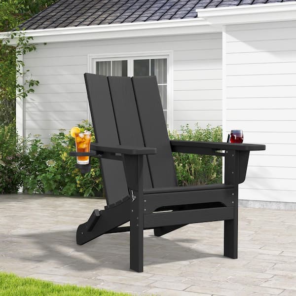 Classic Black Folding Plastic Adirondack Chair with Double Cup Holder