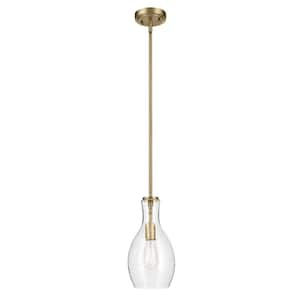 Everly 13.75 in. 1-Light Natural Brass Modern Shaded Bell Kitchen Hanging Pendant Light with Clear Seeded Glass