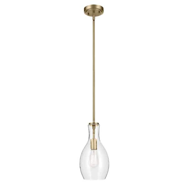 KICHLER Everly 13.75 in. 1-Light Natural Brass Modern Shaded Bell Kitchen Hanging Pendant Light with Clear Seeded Glass