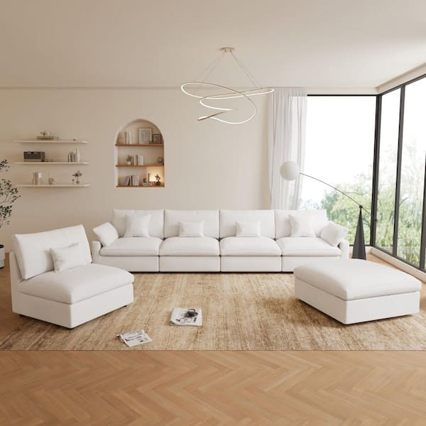 196 in. W Square Arm Linen Upholstered Rectangle 5-Seater Sectional Sofa with Ottoman in White