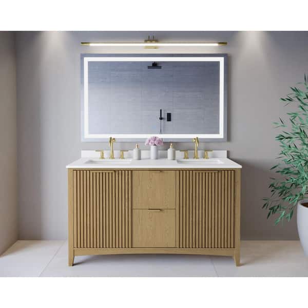 Palmilla 60 in. Double Freestanding Natural Oak Bath Vanity with White Cultured Marble Top Assembled